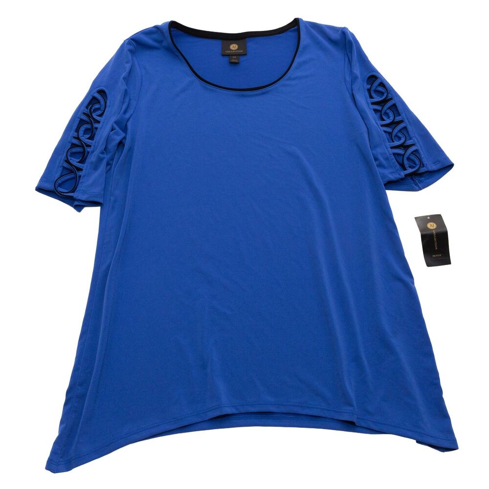 JM Collection PS Women's‎ Petite Blue Black Cut-Out Sleeve Tunic Top Blouse
